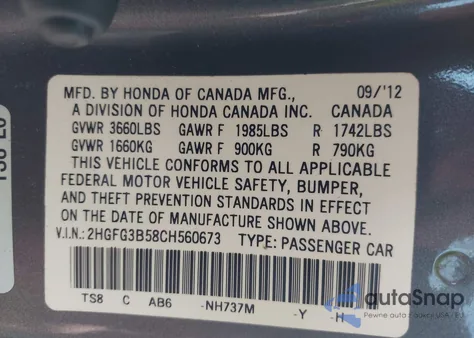 2012 Honda Civic Lx z USA, uszkodzony, nr VIN 2HGFG3B58CH560673